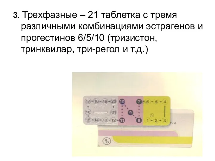 3. Трехфазные – 21 таблетка с тремя различными комбинациями эстрагенов и