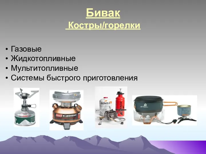 Бивак Костры/горелки Газовые Жидкотопливные Мультитопливные Системы быстрого приготовления