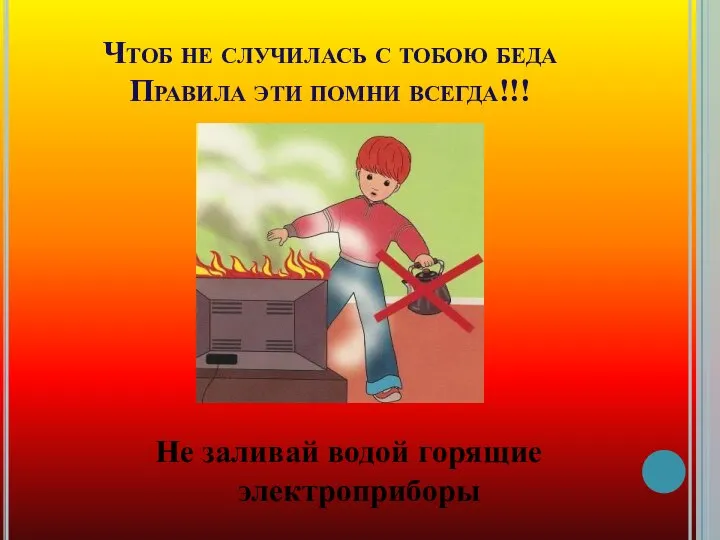 Чтоб не случилась с тобою беда Правила эти помни всегда!!! Не заливай водой горящие электроприборы