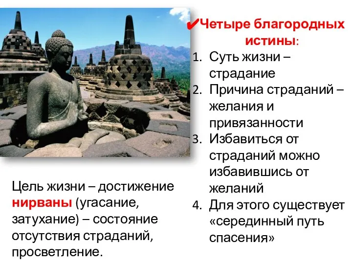 Четыре благородных истины: Суть жизни – страдание Причина страданий – желания