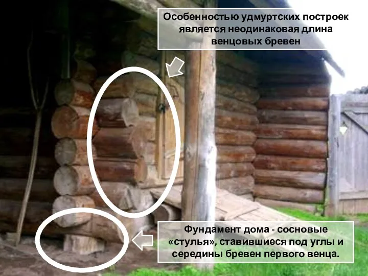 Фундамент дома - сосновые «стулья», ставившиеся под углы и середины бревен
