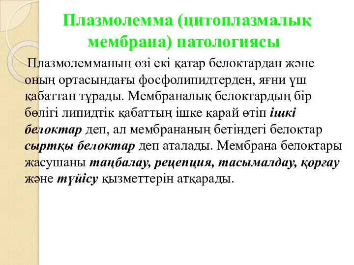 Плазмолемма (цитоплазмалық мембрана) патологиясы Плазмолемманың өзі екі қатар белоктардан және оның