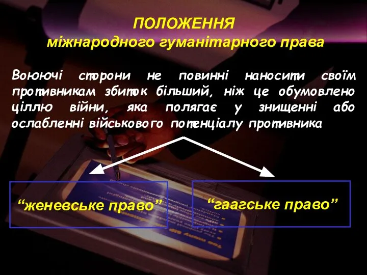 ПОЛОЖЕННЯ міжнародного гуманітарного права Воюючі сторони не повинні наносити своїм противникам