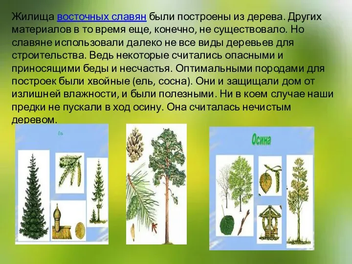 Жилища восточных славян были построены из дерева. Других материалов в то