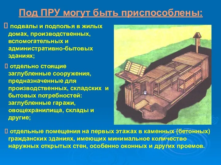 подвалы и подполья в жилых домах, производственных, вспомогательных и административно-бытовых зданиях;