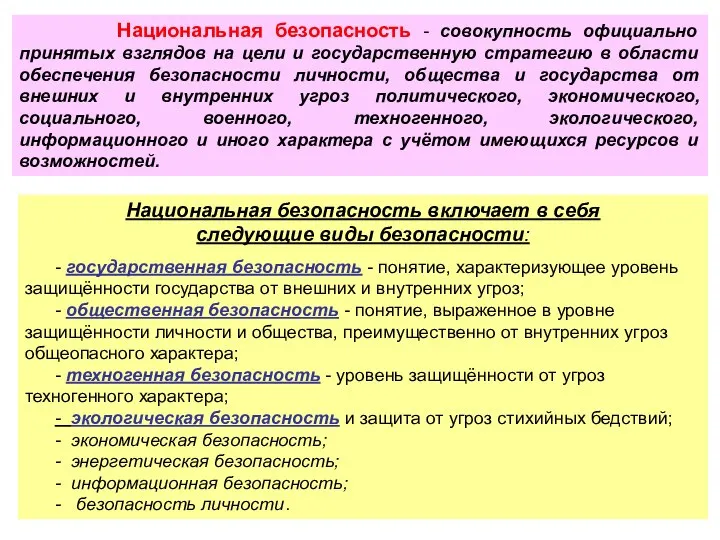 Национальная безопасность - совокупность официально принятых взглядов на цели и государственную