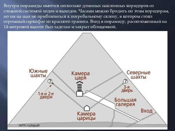 Внутри пирамиды имеется несколько длинных наклонных коридоров со сложной системой ходов