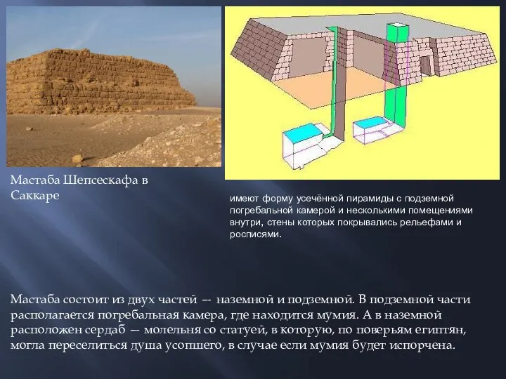 Мастаба состоит из двух частей — наземной и подземной. В подземной