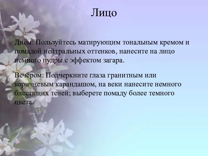 Лицо Днём: Пользуйтесь матирующим тональным кремом и помадой нейтральных оттенков, нанесите