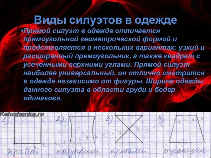 Виды силуэтов в одежде Прямой силуэт в одежде отличается прямоугольной геометрической