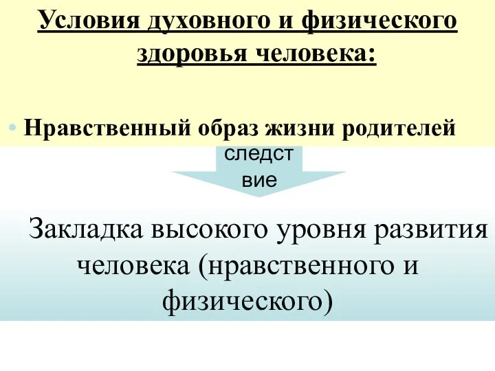 Условия духовного и физического здоровья человека: Нравственный образ жизни родителей следствие