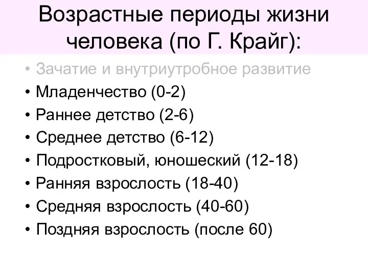 Возрастные периоды жизни человека (по Г. Крайг): Зачатие и внутриутробное развитие