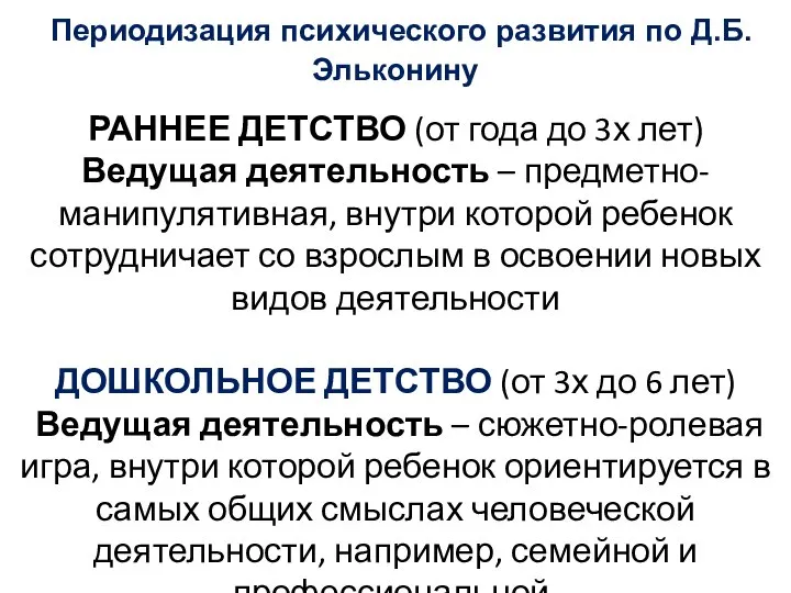 Периодизация психического развития по Д.Б. Эльконину РАННЕЕ ДЕТСТВО (от года до