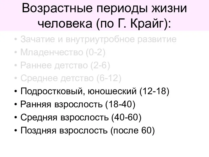 Возрастные периоды жизни человека (по Г. Крайг): Зачатие и внутриутробное развитие