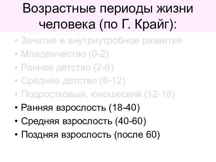 Возрастные периоды жизни человека (по Г. Крайг): Зачатие и внутриутробное развитие