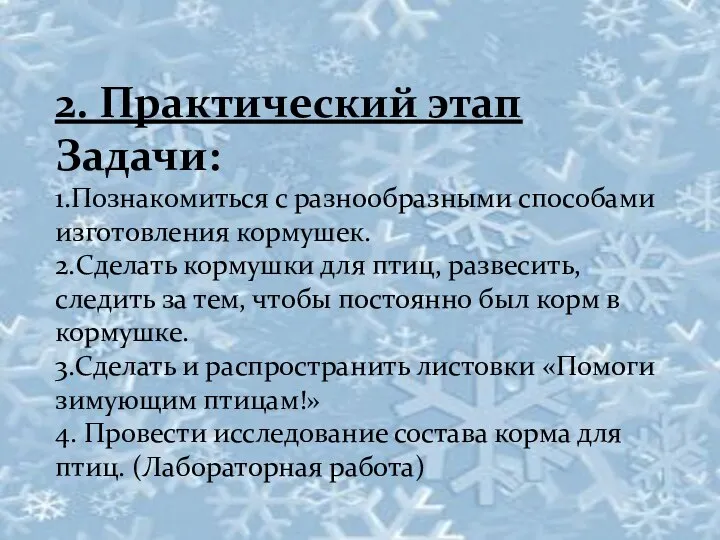 2. Практический этап Задачи: 1.Познакомиться с разнообразными способами изготовления кормушек. 2.Сделать