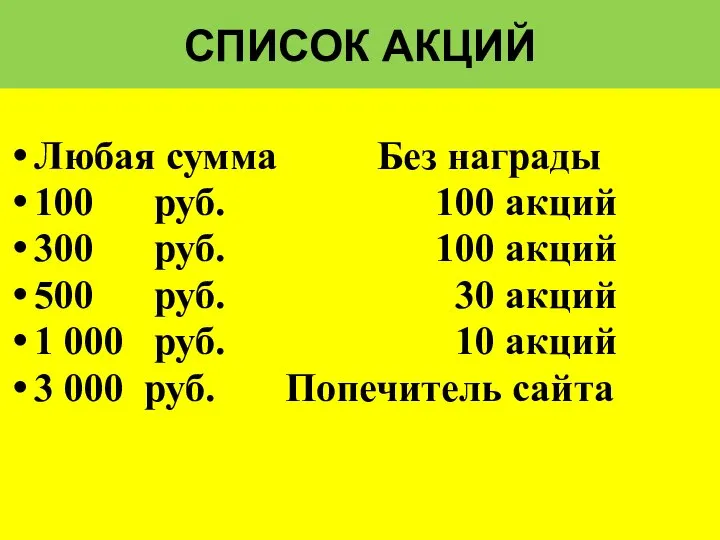 СПИСОК АКЦИЙ Любая сумма Без награды 100 руб. 100 акций 300