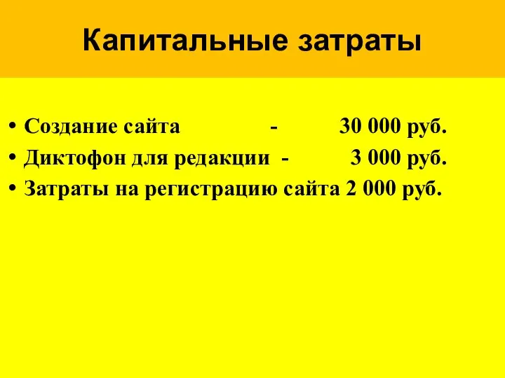 Капитальные затраты Создание сайта - 30 000 руб. Диктофон для редакции