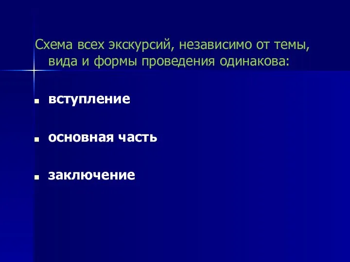 Схема всех экскурсий, независимо от темы, вида и формы проведения одинакова: вступление основная часть заключение