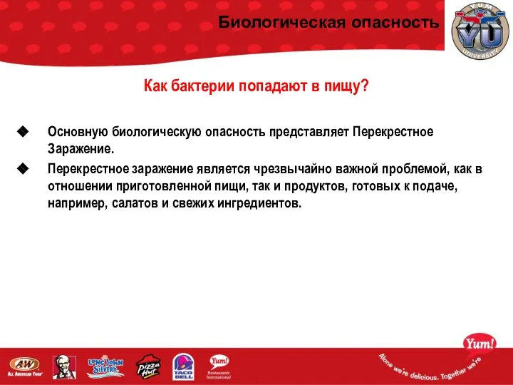 Биологическая опасность Как бактерии попадают в пищу? Основную биологическую опасность представляет