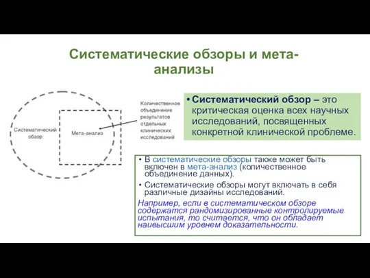 Систематические обзоры и мета-анализы Систематический обзор – это критическая оценка всех