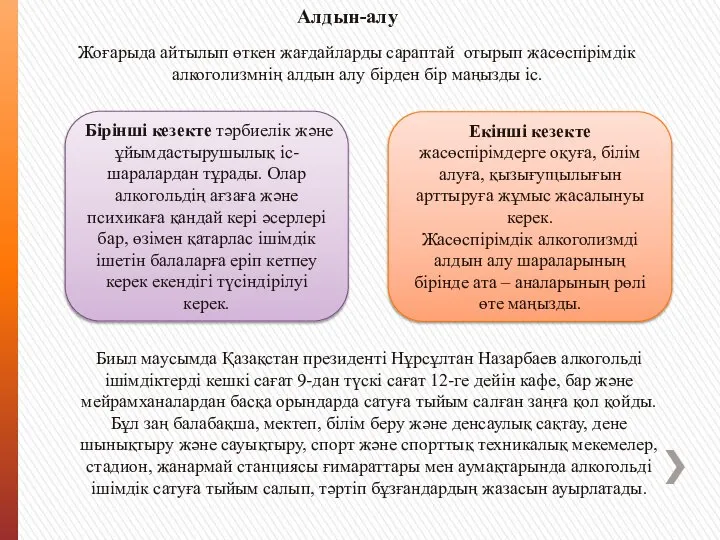 Алдын-алу Жоғарыда айтылып өткен жағдайларды сараптай отырып жасөспірімдік алкоголизмнің алдын алу