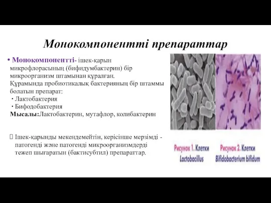 Монокомпонентті препараттар Монокомпонентті- ішек-қарын микрофлорасының (бифидумбактерин) бір микроорганизм штамынан құралған. Құрамында