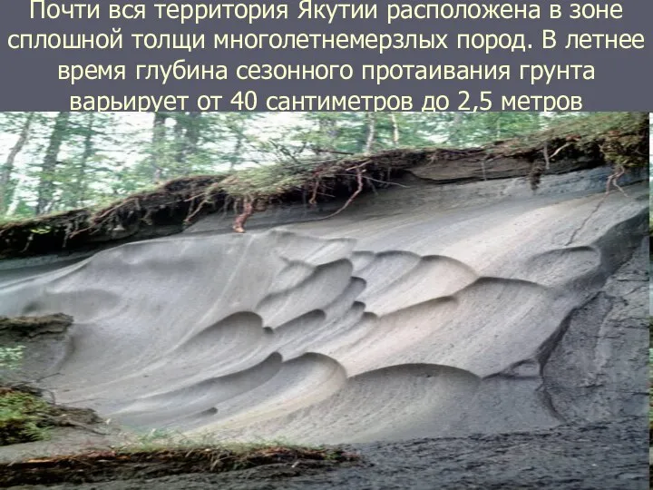 Почти вся территория Якутии расположена в зоне сплошной толщи многолетнемерзлых пород.