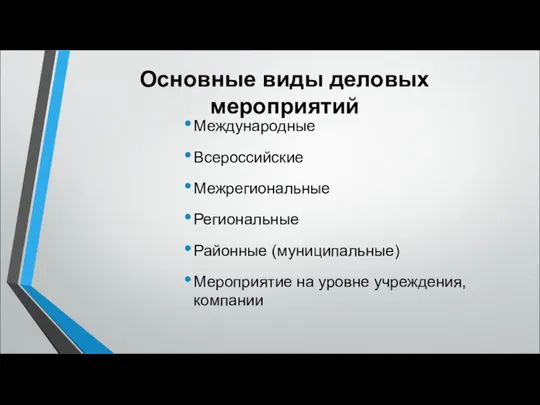 Основные виды деловых мероприятий Международные Всероссийские Межрегиональные Региональные Районные (муниципальные) Мероприятие на уровне учреждения, компании