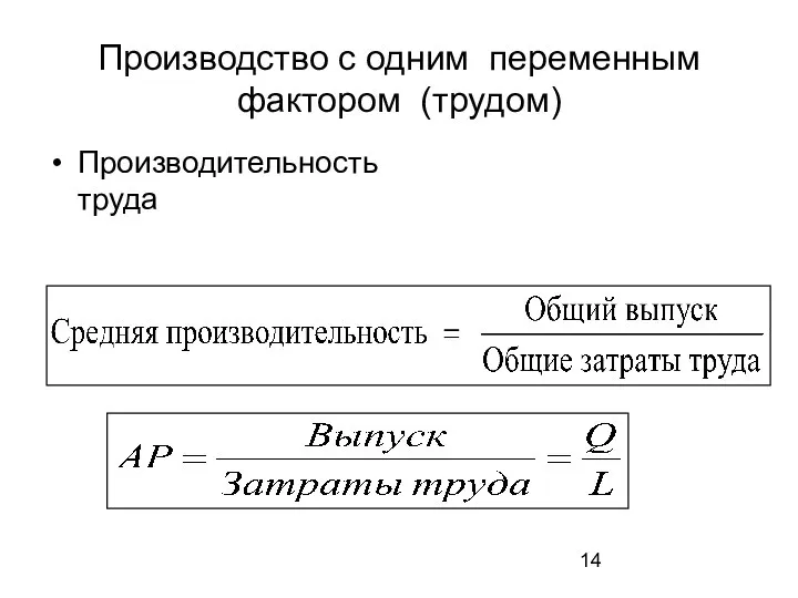 Производство с одним переменным фактором (трудом) Производительность труда