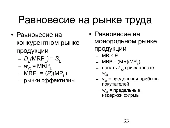 Равновесие на рынке труда Равновесие на конкурентном рынке продукции DL(MRPL) =