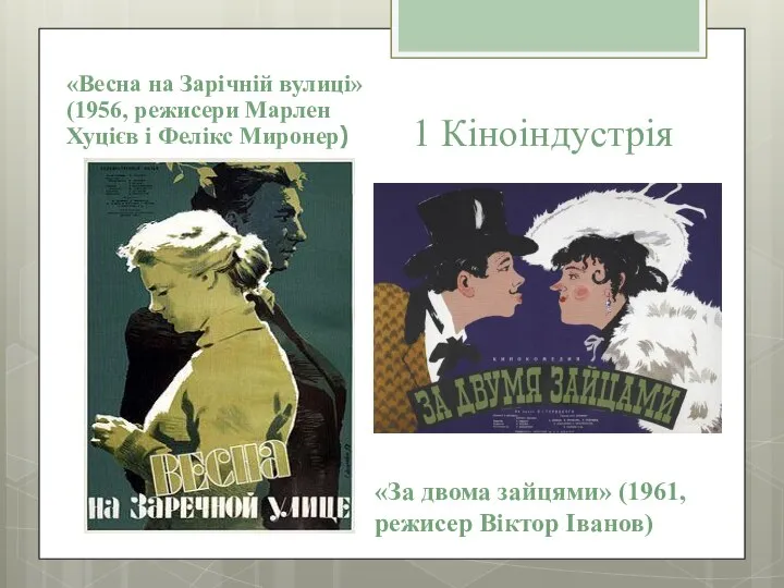 1 Кіноіндустрія «Весна на Зарічній вулиці» (1956, режисери Марлен Хуцієв і