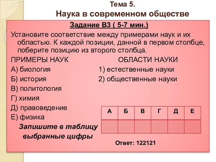 Тема 5. Наука в современном обществе Задание B3 ( 5-7 мин.)