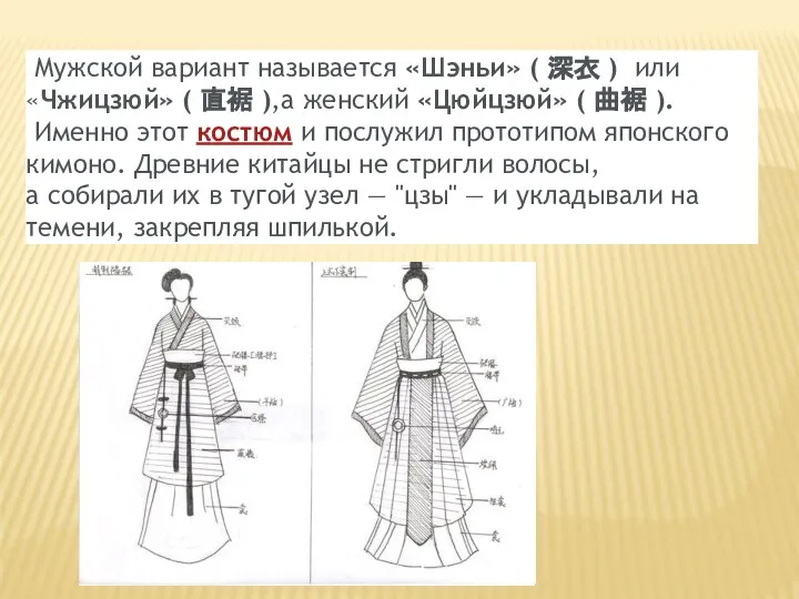 Мужской вариант называется «Шэньи» ( 深衣 ) или «Чжицзюй» ( 直裾