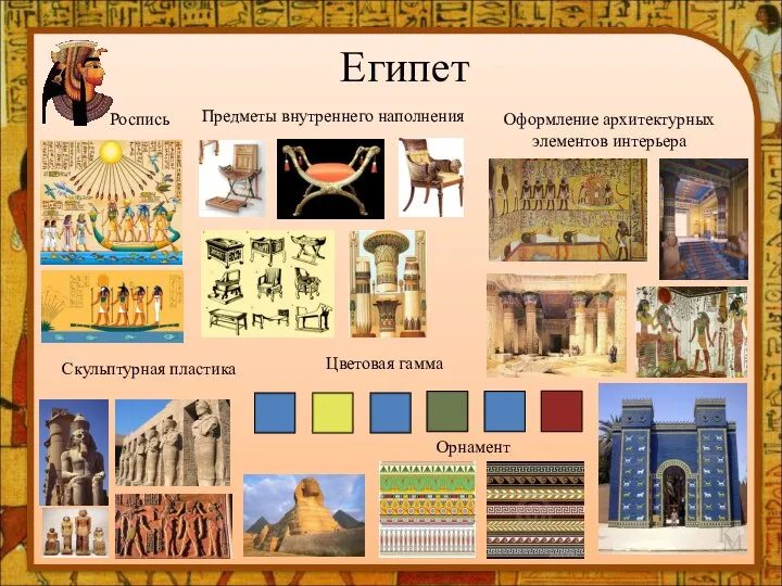 Египет Цветовая гамма Орнамент Предметы внутреннего наполнения Роспись Оформление архитектурных элементов интерьера Скульптурная пластика