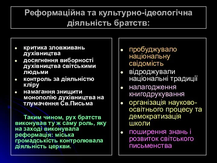 Реформаційна та культурно-ідеологічна діяльність братств: критика зловживань духівництва досягнення виборності духівництва