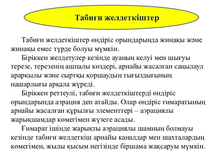 Табиғи желдеткіштер өндіріс орындарында жинақы және жинақы емес түрде болуы мүмкін.