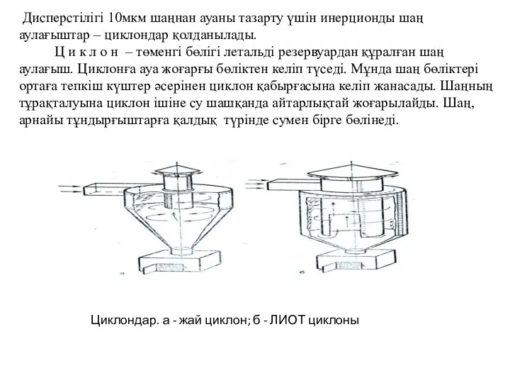 Дисперстілігі 10мкм шаңнан ауаны тазарту үшін инерционды шаң аулағыштар – циклондар