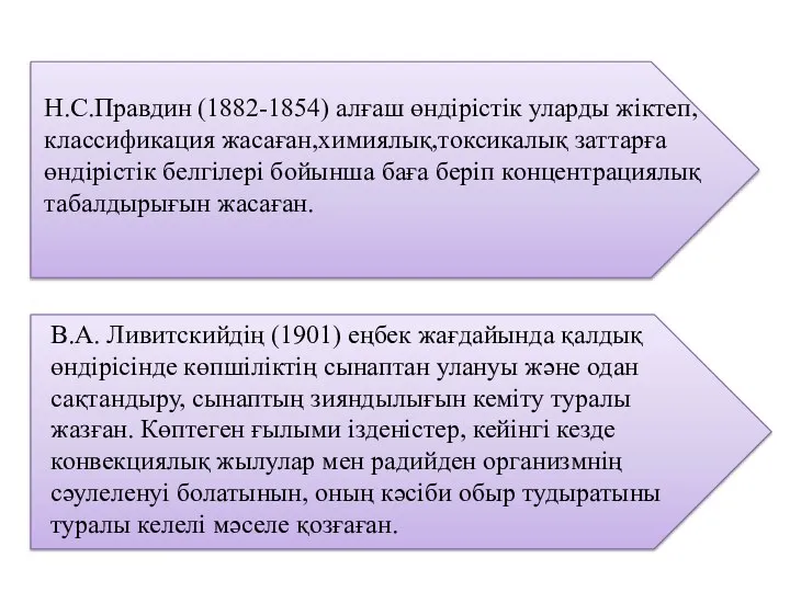 Н.С.Правдин (1882-1854) алғаш өндірістік уларды жіктеп, классификация жасаған,химиялық,токсикалық заттарға өндірістік белгілері