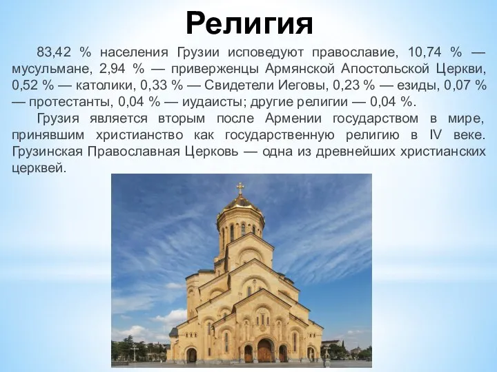 Религия 83,42 % населения Грузии исповедуют православие, 10,74 % — мусульмане,