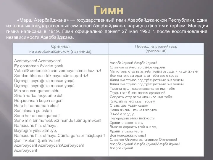 Гимн «Марш Азербайджана» — государственный гимн Азербайджанской Республики, один из главных