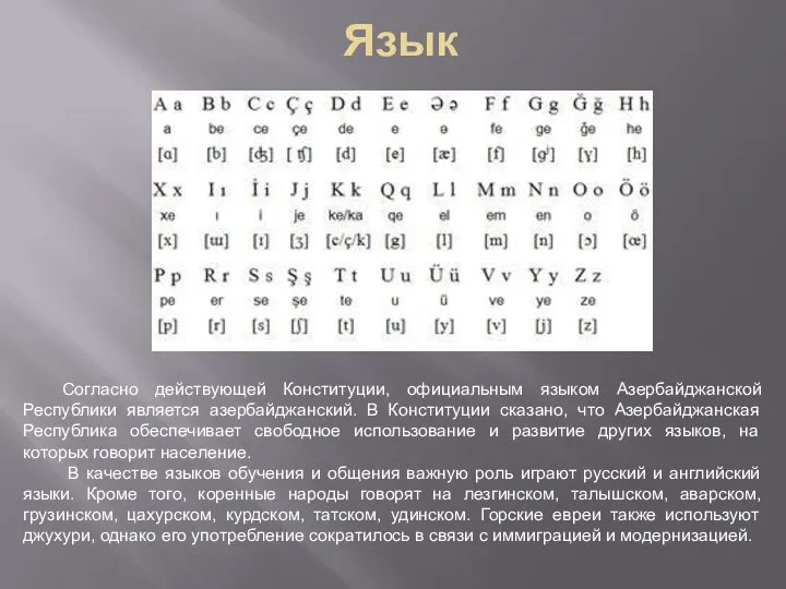 Язык Согласно действующей Конституции, официальным языком Азербайджанской Республики является азербайджанский. В