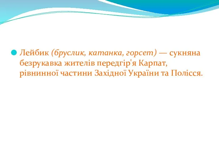 Лейбик (бруслик, катанка, горсет) — сукняна безрукавка жителів передгір'я Карпат, рівнинної частини Західної України та Полісся.