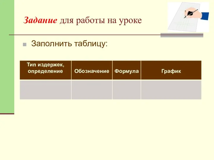 Задание для работы на уроке Заполнить таблицу: