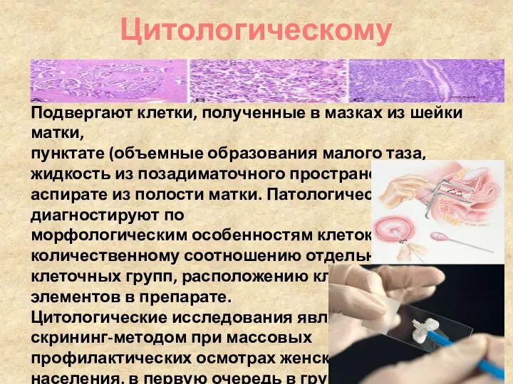 Цитологическому исследованию Подвергают клетки, полученные в мазках из шейки матки, пунктате