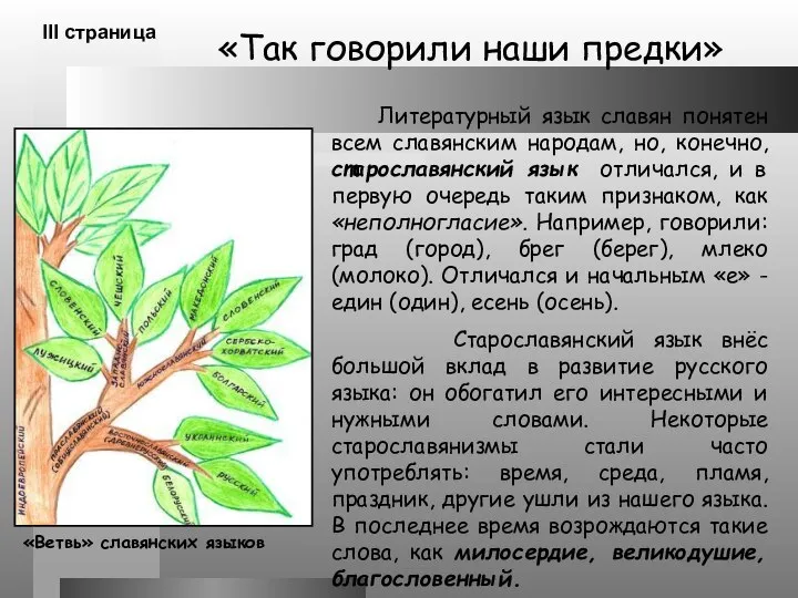 «Так говорили наши предки» III страница Литературный язык славян понятен всем