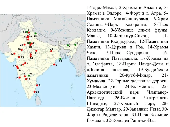 1-Тадж-Махал, 2-Храмы в Аджанте, 3-Храмы в Эллоре, 4-Форт в г. Агра,