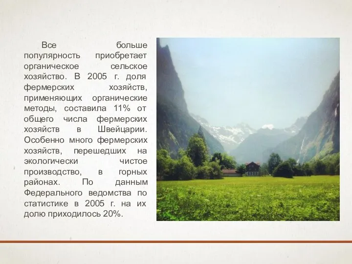 Все больше популярность приобретает органическое сельское хозяйство. В 2005 г. доля