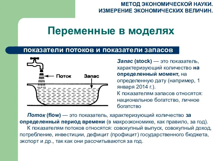 Переменные в моделях показатели потоков и показатели запасов Поток (flow) —