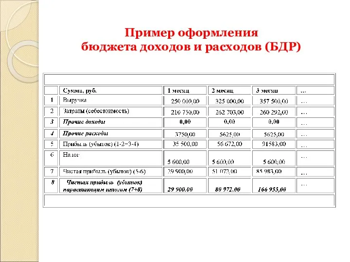 Пример оформления бюджета доходов и расходов (БДР)